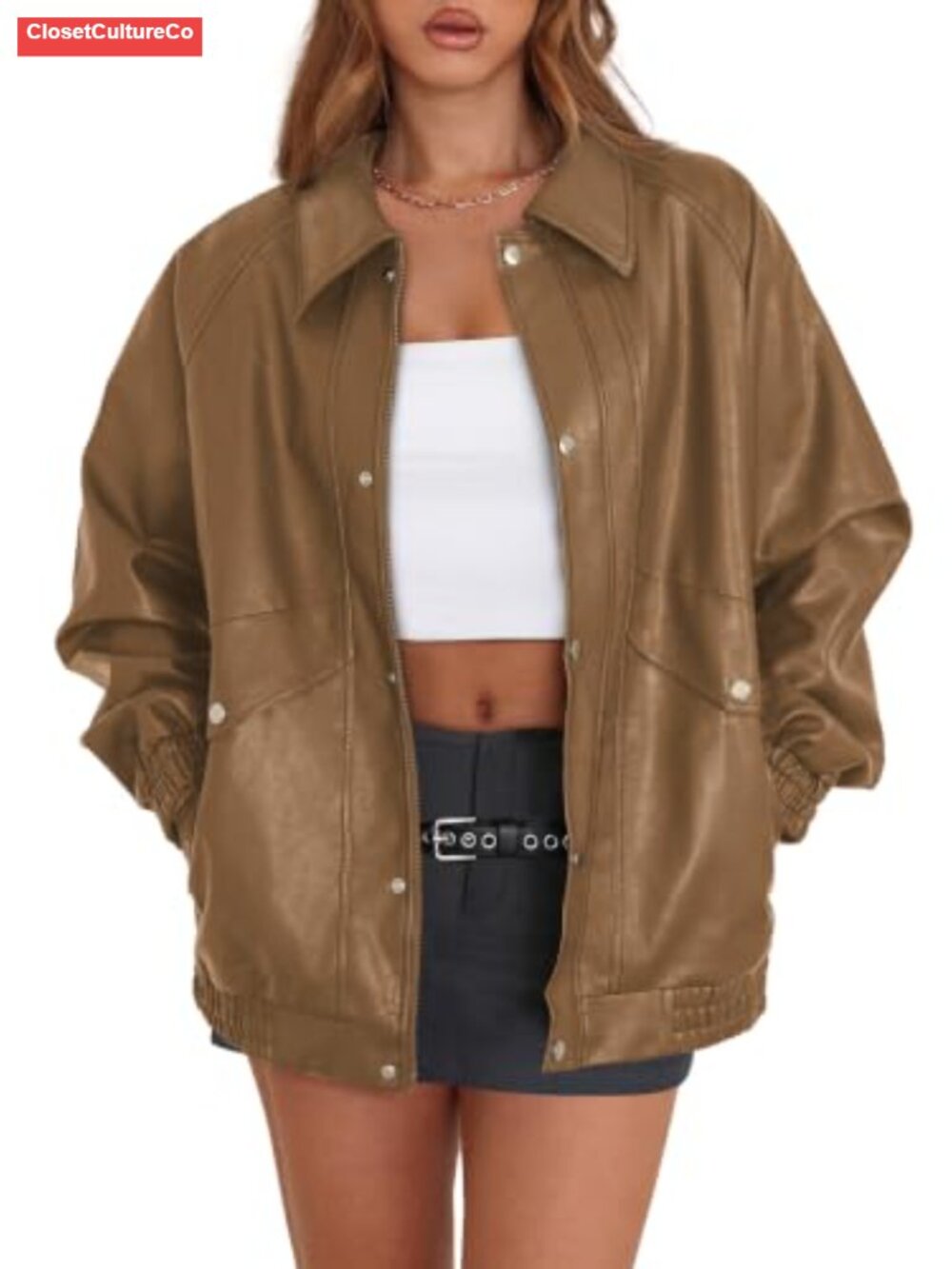 Faux Leather Jacket Women Oversized Motorcycle Zip Up Winter Coat